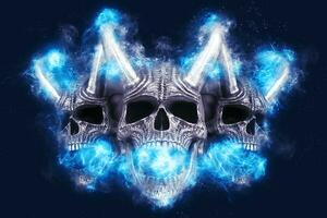 demonio calaveras con grande cuernos rodeado con azul plasma energía foto