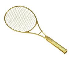 Gold tennis racquet isolated on white photo