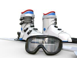 Ski boots and ski goggles on white background, ideal for digital and print design. photo