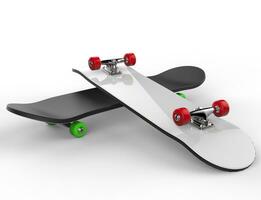 Two skateboards with red and green wheels, on white background, ideal for digital and print design. photo