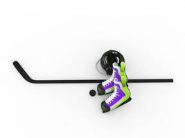 Hockey equipment - green purple skates with black helmet - top view photo