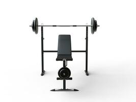 Incline gym bench with barbell weight and additional weight plates - front view - on white photo