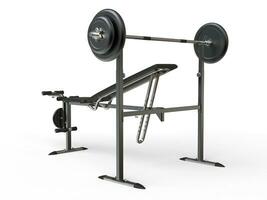 Incline bench with barbell weight - rear perspective view - on white background photo