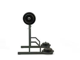 Big gym barbell weights on a stand - side view - on white background photo