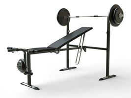 Incline gym bench with barbell weight and additional weight plates - on white background photo