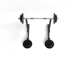 Big gym barbell weights on a stand - top view - on white background photo