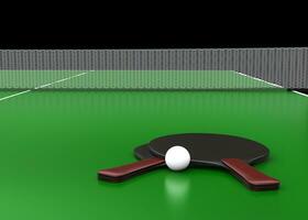 Ping pong rackets on the table - closeup shot - 3D render - on black background photo