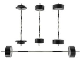 Various gym weights with different bars and weight plates - isolated on white background - 3D render photo