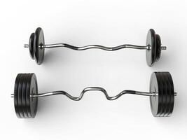 Barbell weights with curved and EZ bars and with standard and olympic weight plates - isolated on white background - 3D render photo