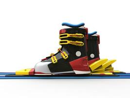 Ski boots with yellow straps and blue skiis photo