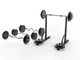 Barbell weights and weight stand - isolated on white background - 3D render photo