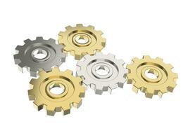 Gold and silver gears - low angle view - isolated on white background photo