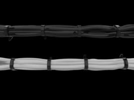 Bucnh of black and white cables tightly tied together with zipties photo