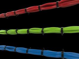 Red, geen and blue cables separated and tied with black zipties photo