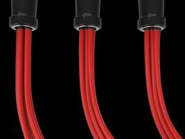 Three sets of red cables blugged in black jacks photo