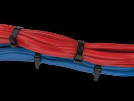 Bunch of red and blue cables tied together with zipties photo