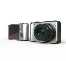 Small silver camera on white background front and back view - angle shot, ideal for digital and print design. photo