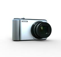 Small silver camera on white background, ideal for digital and print design. photo