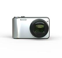 Small silver camera on white background - front view, ideal for digital and print design. photo