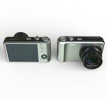 Small silver camera on white background - front and back view, ideal for digital and print design. photo
