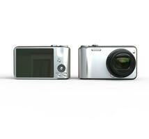 Small silver camera on white background front and back view, ideal for digital and print design. photo