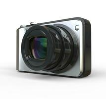 Small silver camera on white background, close up of the lens, ideal for digital and print design. photo