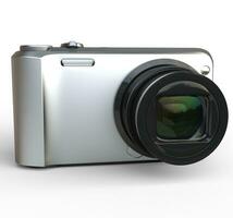 Small silver camera on white background close up shot, ideal for digital and print design. photo