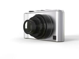 Silver modern compact digital photo camera with black lens