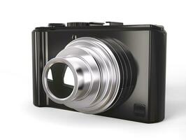 Black modern compact digital photo camera with silver lens