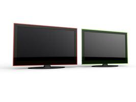 Two modern TV screens with red and green rims photo