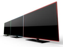 Red, blue, and green TV sets - side view photo