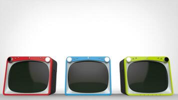 Black retro TV sets with red, blue and green fronts photo