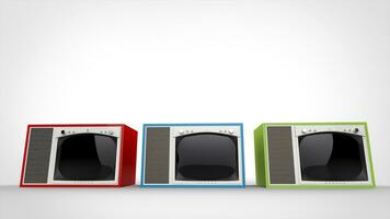 Red, green and blue vintage TV sets with white fronts photo