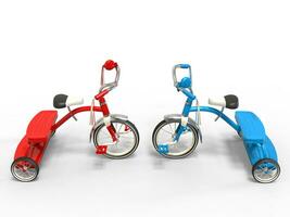 Red and blue tricycles - head to head photo