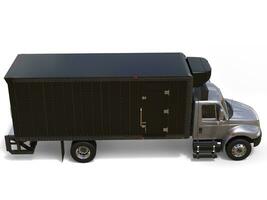 Silver refrigerator truck with black trailer unit - top down side view photo