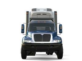 Blue cargo refrigerator truck - front view photo