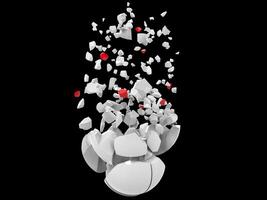 Fracured and shattered white sphere - white and red pieces falling off photo