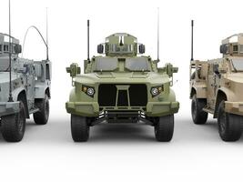 Three military all terrain vehicles - front view closeup shot photo