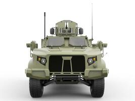 Green military all terrain tactical vehicle - front view photo