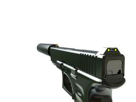 Semi - automatic modern tactical handgun with silencer - first person right hand view photo