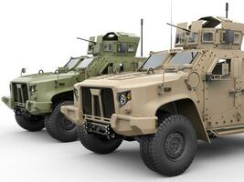 Two military all terrain light armor tactical vehicles - hood closeup shot photo