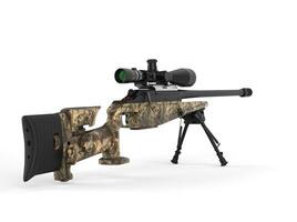 Beautiful sniper rifle with woods camo paint - back view photo