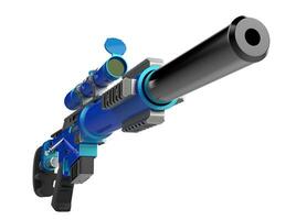 Metallic blue modern sniper rifle with silencer - closeup shot photo