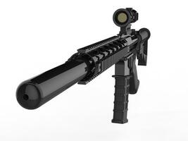 Modern army assault rifle with silencer - closeup shot on the silencer photo