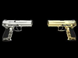 Gold and platinum modern semi auto guns pointing at each other photo