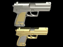 Golden and silver shiny modern hand guns - top down view photo