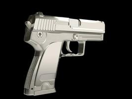 Silver modern hand gun with chrome hand grip - side view photo