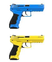 Blue and yellow modern semi automatic handguns photo