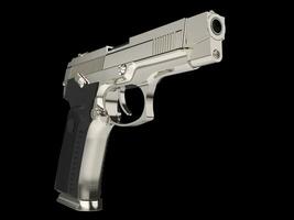 Modern hand gun - polished chrome and steel with black rubber grip photo