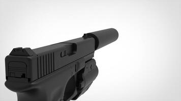 Black handgun with silencer - FPS view - closeup shot photo